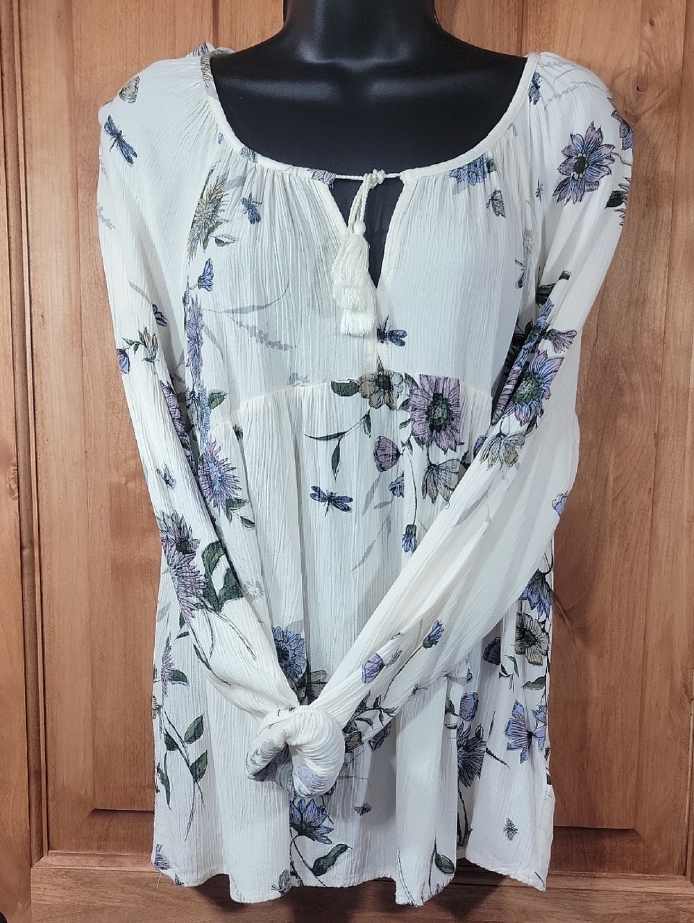 Floral Tunic Style Blouse with Tassel Ties